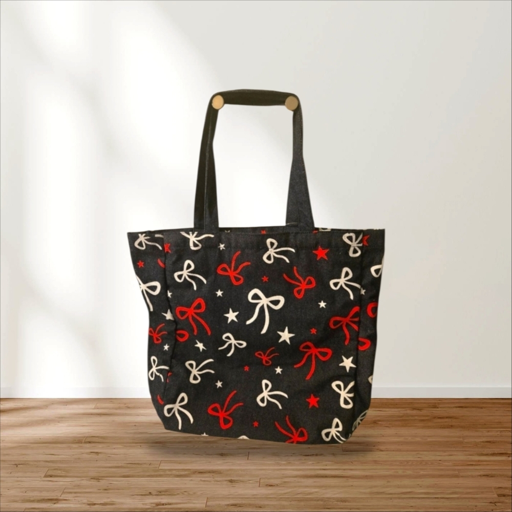 Denim Tote Bag with Red and White Bow Patterns NWT - Picture 1 of 12